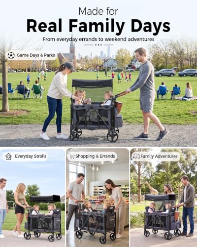 Stroller Wagon for 2 Kids, Foldable 2 Seater Wagon Stroller with Raised Seats, 5-Point Harnesses, Adjustable UPF 50  Canopy, Front Zip Door, All-Terrain Wheels, Insulated Snack Bag, Gray
